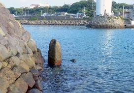 岸岐（左）沿いに立つ舫い石