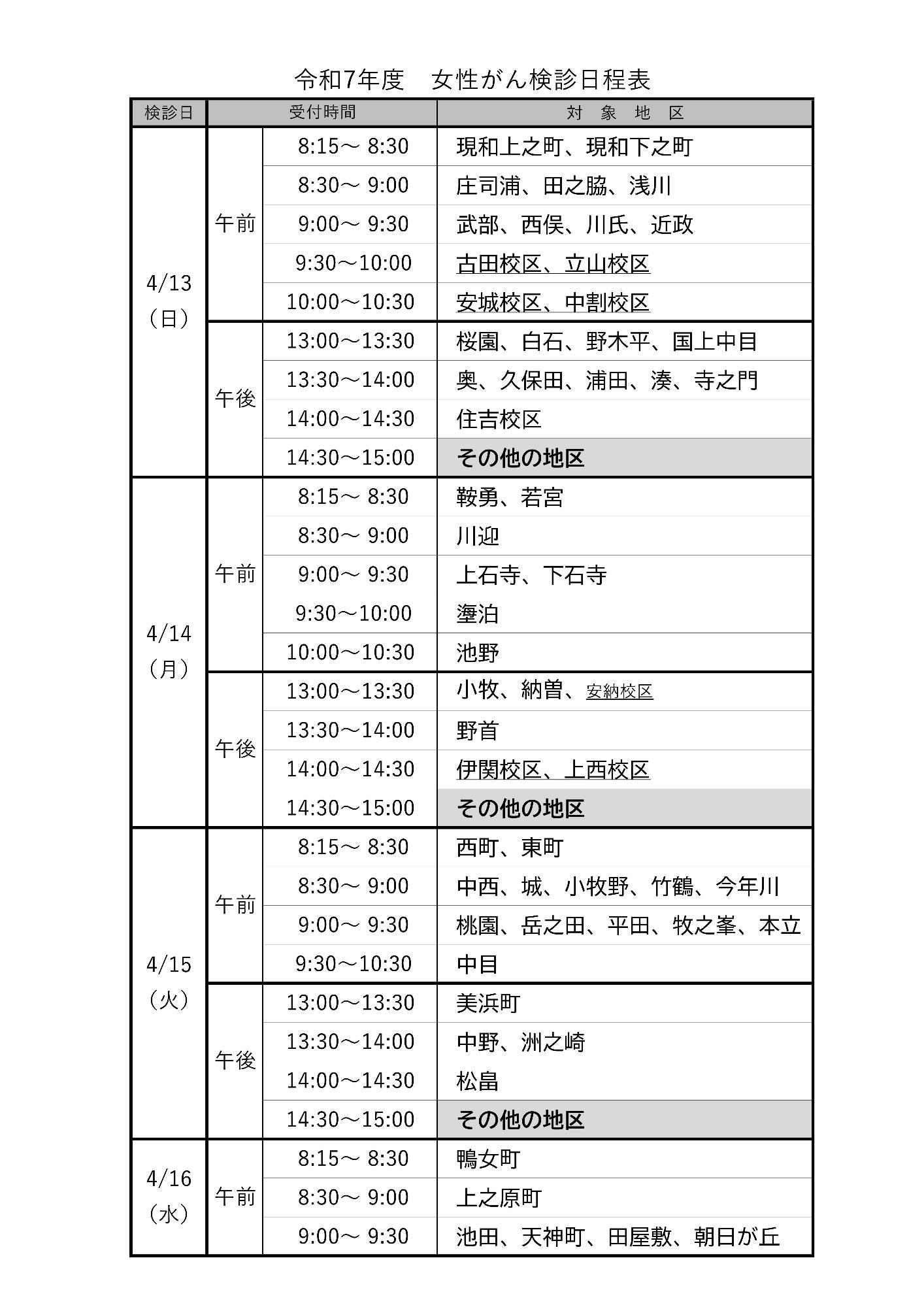 令和7年度女性がん検診日程表