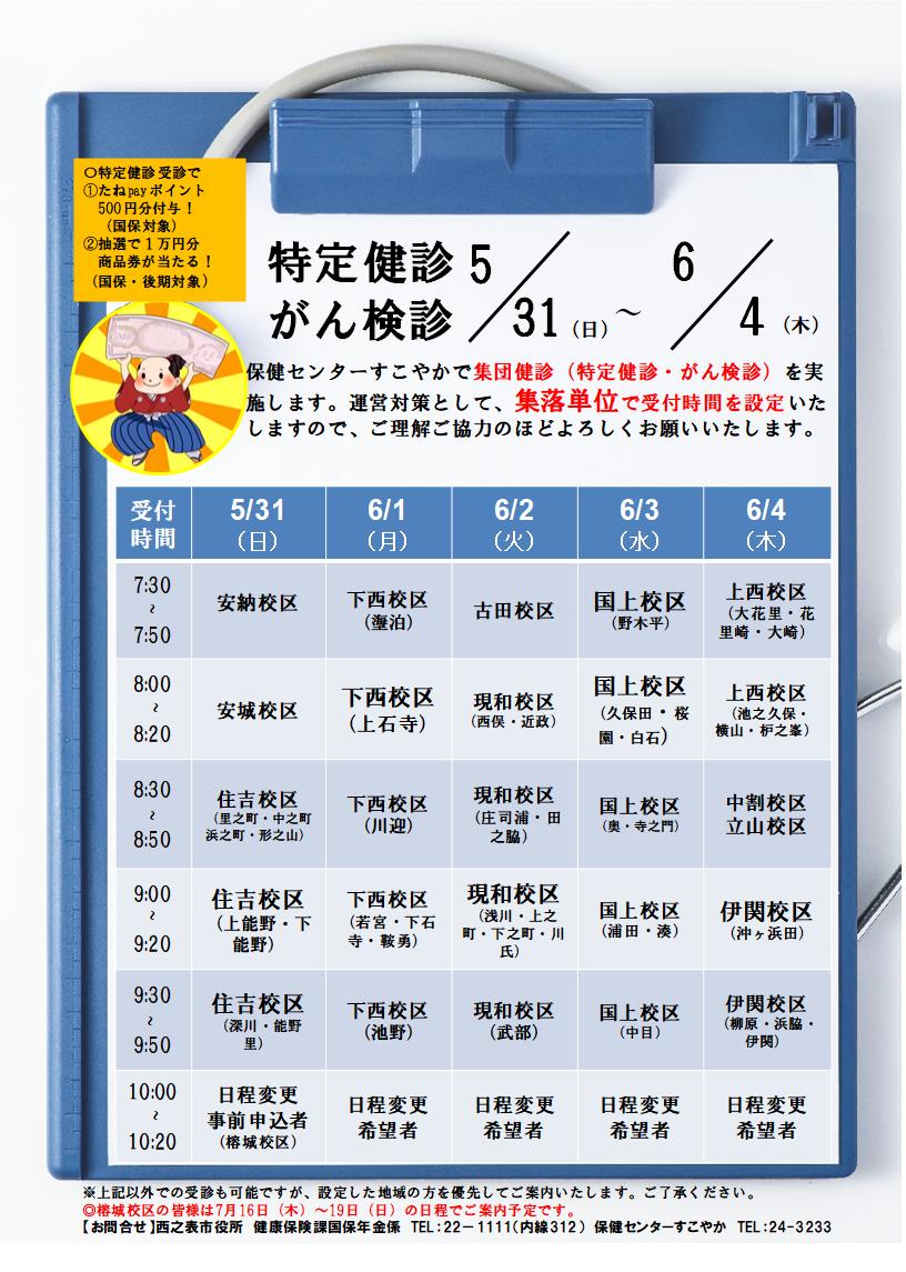 令和8年度集団健診日程表（5/31~6/4）
